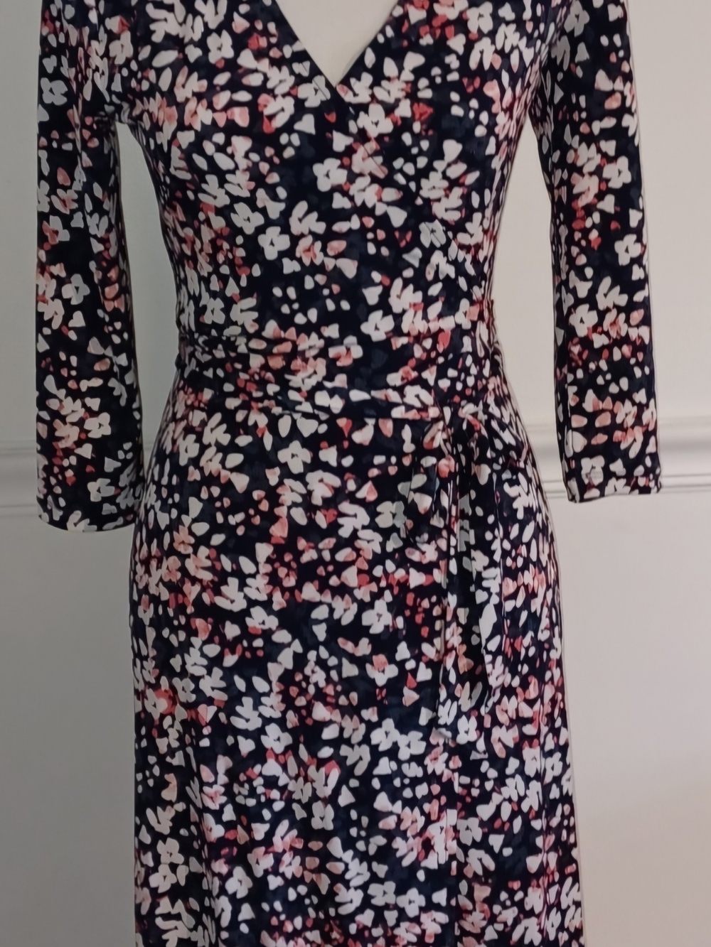 Banana Republic Navy Long-Sleeve Floral Wrap Dress with Pink & White Print